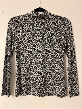Black & White Floral Mock Neck Long-Sleeve Top